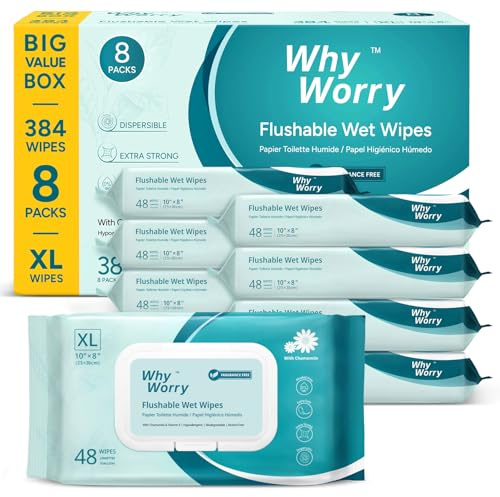 WhyWorry Flushable Wipes for Adults, Extra Large 20x25 cm Flushable Toilet Wipes with Chamomile & Vitamin E, Moist Toilet Tissue, 100% Plant-Based, Septic & Sewer Safe, Unscented, 384 Count (8 Packs)