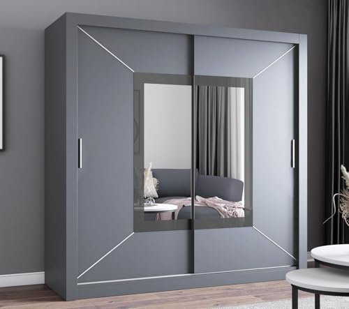 Krudox NIC Grau Schiebetürenschrank Kleiderschrank 150x216x62 cm mit Spiegel - Schlafzimmermöbel, Aufbewahrung – Mehrzweckschrank mit 2 Kleiderstangen