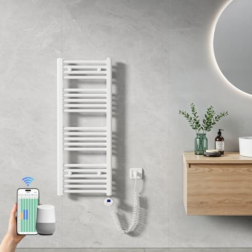 Heilmetz Handtuchheizkörper Elektrisch 1000 x 400 mm, Smart WiFi Thermostat Elektrischer Badheizkörper, steuerbar per Tuya App und Sprachassistenten (Alexa/Google Home), Handtuchwärmer Weiß 300W