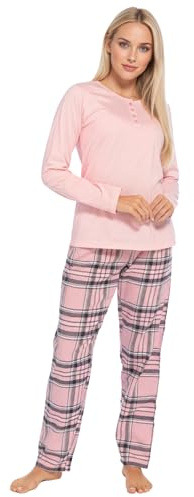 INSIGNIA Women’s Pyjama Set with Pockets – Flannel Check Bottoms & Soft Jersey Top, Long Sleeve (UK, Numeric, 12, 14, Regular, Regular, Pink)