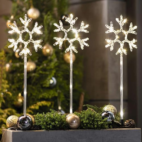 Dekoleidenschaft 3X LED Gartenstecker Schneeflocke Ø 15 cm + Stab 50 cm, Blumenstecker, Weihnachtsdeko, Dekostecker, Outdoor Winterdeko