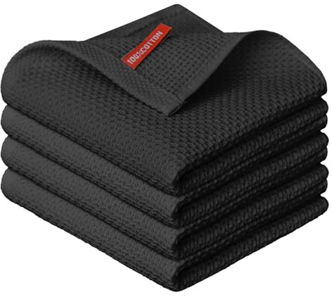 Artoid Mode Svarta 100% bomullsmjuka köksrengöringsdukar 34 x 34 cm, förpackning med 4 diskdukar Handdukar Absorberande Tvättbar för diskning