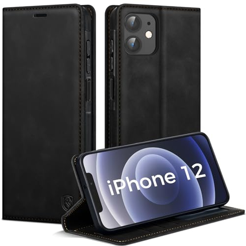 AIMOYU Handyhülle für iPhone 12/12 Pro Hülle, Premium PU Leder Klapphülle Schutzhülle, Tasche Magnet Kartenfach Standfunktion Flip Case Hülle für iPhone 12/12 Pro, Schwarz