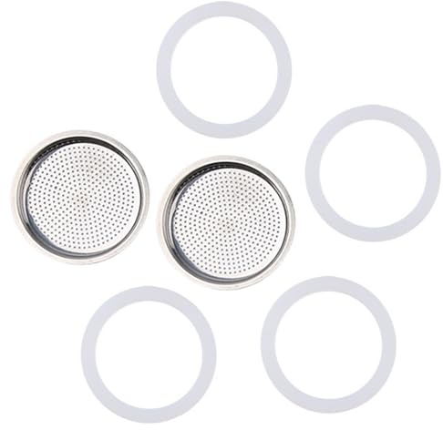 ApexPine 6 Cup Moka Pot Replacement Filters & Gaskets Set | 2 stainless steel filters + 4 silicone gaskets, for 6 cup moka pot stovetop coffee maker replacement accessory
