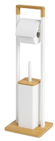 Relaxdays Soporte de Papel higiénico con escobilla de pie de bambú, 76.5 x 28 x 18 cm, Blanco