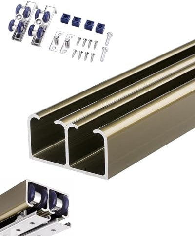 Rail Porte Coulissante Kit de Rail Coulissant pour Porte Placard à Double Contour Renforcé, Quincaillerie pour Fantôme Grange et Armoire pour Portes Coulissantes en Bois(Champagne,5.4ft/165cm)