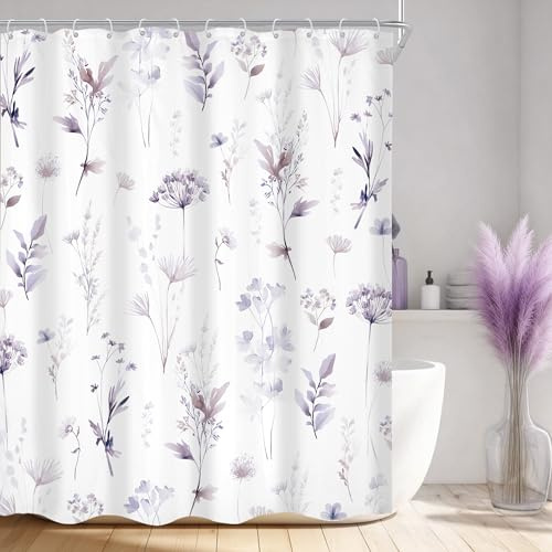 Purple Floral Boho Lilac Lavender Flower Leaf Bathroom Shower Curtain Set | 72W x 72H Wildflower Plants; waterproof HD print, quick-dry fabric and plastic hooks for easy setup.