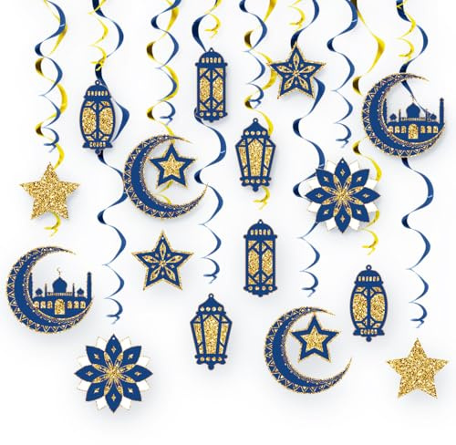 Gleemix Glitzernd Ramadan Girlande Set, 8 Stück Eid Mubarak Girlande, Elegantes Ramazan Dekor Spiral Girlanden, Blau-Gold Ramadan Deko für Muslimischer