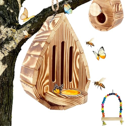 Butterfly House For Garden, Teardrop-Shaped Wooden Butterfly Habitat & Feeder, Hanging Butterfly Habitat & Feeder with Rope, for Garden Decor, Hotel (1PC)