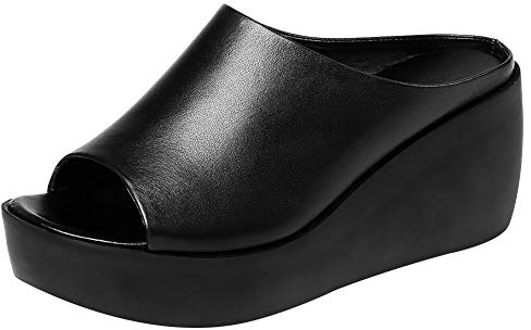 Jamron dam Peeptoe Mules Platå Kilklack äkta läder sommar utvalta tofflor tofflor tofflor tofflor tofflor tofflor, - svart - 36 EU