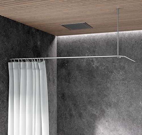 Duschvorhangstange L-Form 85 x 85 cm, Deckenträger einkürzbar, echter Edelstahl matt geschliffen, Bad Winkelstange, Duschstange, Dachschräge möglich, Duschhalterung Eck - PHOS Design