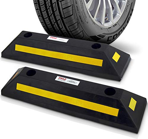 Pyle Car Wheel Stopper Blocks – 2 Pack Heavy Duty Rubber Parking Curb Ramp with Reflective Strips for Vehicles, Trucks, Driveways or Warehouse Use