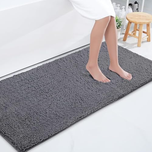 Homaxy rutschfeste Badematte Chenille Badezimmerteppich Mikrofaser Badteppich Saugfähige Hochflor Badvorleger - 60 x 120 cm, Dunkelgrau