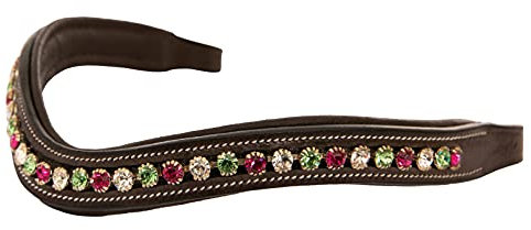 ExionPro gebogenes, gepolstertes Stirnband aus klarem, peridot-& fuchsiafarbenem Bling-Kristalllederzaumzeug|Diamant-Bling Englische Dressur-Stirnbänder|Größe–Full, Cob, Over, Pony|Farbe-Braun,Schwarz