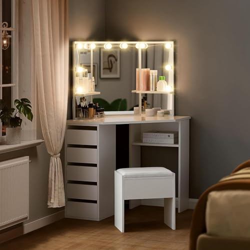 CLIPOP Eck-Schminktisch, Hollywood-Spiegel, 3-Farben LED, 5 Schubladen | Mit Hocker, moderner Frisiertisch, 120×45×75 cm, für Schlafzimmer, viel Stauraum, elegantes Design