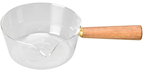 MOUMOUTEN 600ml Glas Kochtopf Glas Milchtopf mit Holzgriff V-förmige Tülle | Saucentopf hitzebeständige Klarglas Stielkasserolle Buttererhitzer Gasherde für heiße Milch Suppe Nudeln Eier Reis