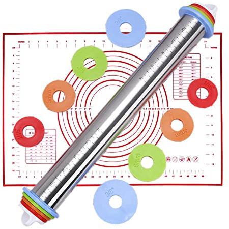 Rolling Pin and Pastry Baking Mat Set, Rolling Pins with 4Adjustable Thickness Rings, Stainless Steel Rolling pins for Baking for Baking Pizza, Pie, Pastries, Pasta and Cookies