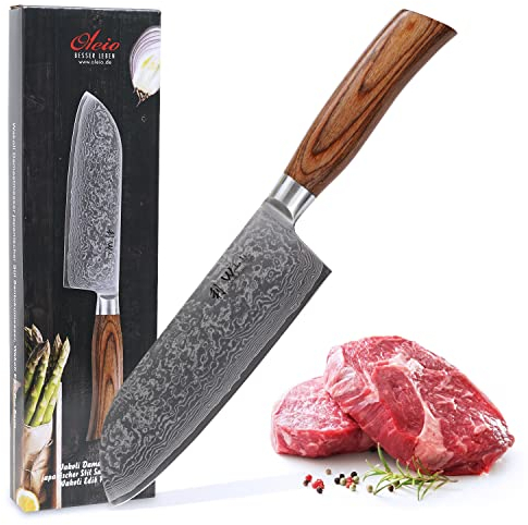 Wakoli EDIB Pro Damast Santokumesser | 17 cm Klinge aus 67 Lagen Damaststahl mit VG10-Kern | Ergonomischer Pakkaholzgriff | für Fleisch, Fisch & Gemüse | in Geschenkbox für Profi- & Hobbyköche