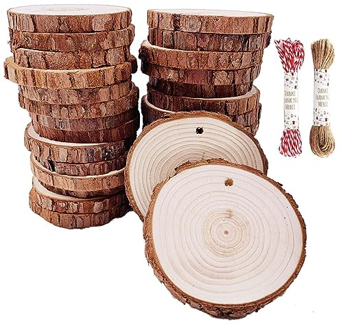 William Craft Rodajas de Madera Círculos 5-6cm 40 pcs Discos de Madera Rebanada 10m Cuerda de Cáñamo Maderas Naturales Perforado Con Corteza de Árbol Para Manualidades