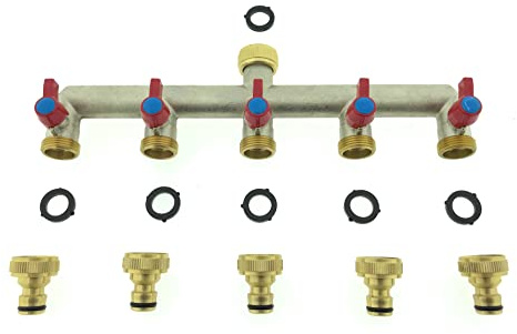 Ventilkappenkönig 5-Wege Messing Wasserhahn Wasserverteiler Anschluss 5 Geräten Absperrhahn Gartenschlauch 5er Verteiler 3/4 Adapter 1/2