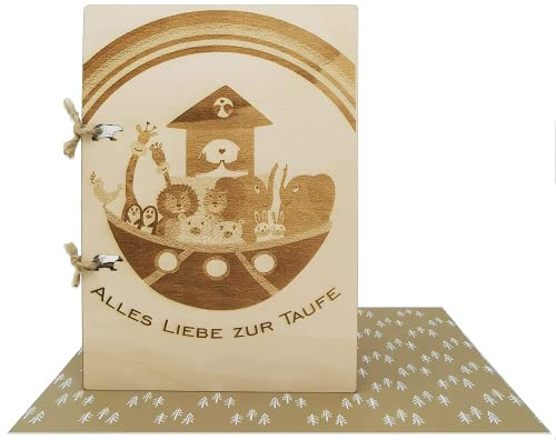 Woodland Mail Holzkarte für die Taufe - Besondere Karte aus Holz mit einem eingravierten Bild der Arche Noah auf der Vorderseite.