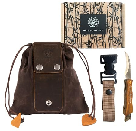 Balanced Oak Mushroom Foraging Kit, Waxed Canvas Foraging Bag, Glove Attachment, and Stainless Steel Foraging Knife with Brush, Belt Pouch for Collecting Mushrooms, Berries and More