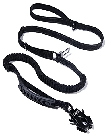 Bungee-Hundeleine Einstellbare reflektierende Starke Hundeleine mit 2 gepolsterten Griffen & Auto-Gurtschnalle & Premium Frosch-Clip, Hundeleine für kleine mittlere große Hunde Schwarz TXZWJZ