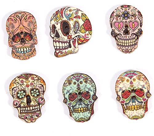 50 Stück Totenkopf-Knöpfe aus Holz, SchädelKnöpfe, Kopfknochen-Knöpfe, Lederhandwerk, Dekoration, DIY-Bastelprojekte, Kleidung, Dekoration, Zubehör(Gemischt 1)