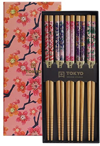 TOKYO design studio ESS-Stäbchen aus Holz, 5-er Set, Sakura Patterns, 22,5 cm lang, inkl. Geschenk-Box