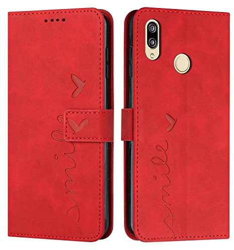 EATCYE Kompatibel Mit Huawei P20 Lite Hülle - Premium PU Leder Klapphülle Brieftasche Schutzhülle Mit Kartenfach Und Ständer (#Rot)