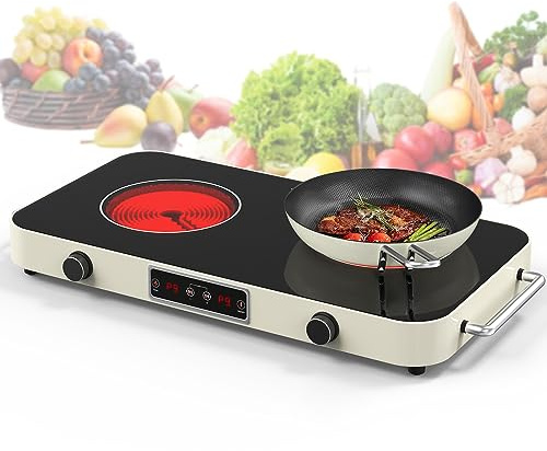 GIHETKUT Electric Cooktop, 2200W 110V Electric burner, Electric Stove Top with 2 Handle, 2 Burner Electric Cooktop with 9 Power Settings,Knob Control Child Safety Lock & Timer.