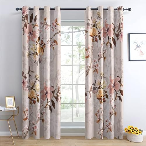 TAKUAN Blume Vorhänge Verdunklung svorhänge mit Muster Pflanze, Vorhang Blickdicht mit Ösen Gardinen Wohnzimmer Schlafzimmer Kinderzimmer Dekoration 2er Set-200 x 140 (H X B)