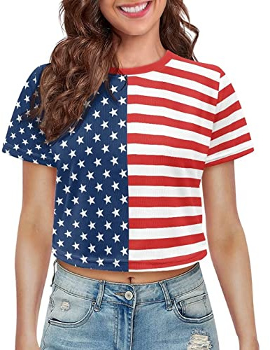 Renewold Magtröjor för kvinnor tonårstjejer beskurna träningstoppar dam T-shirts kläder, Nyhet amerikansk flagga, L