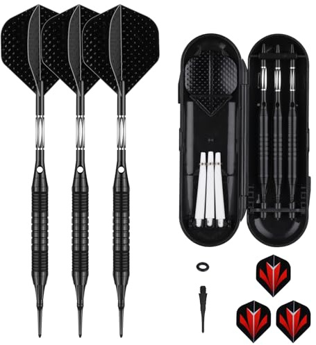 sanfeng dartpilar med plastspets 18 gram fodral för elektronisk darttavla soft darts med svarta aluminiumskaft 6 flights 50 lösa gummiringar 50 spetsar