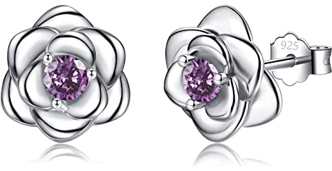 Silver Stud Earrings for Women Girls, Rose Flower Sterling Silver Studs Earrings with Shiny Cubic Zirconia│White Gold Plated Dainty Romantic Earrings Jewellery Gifts