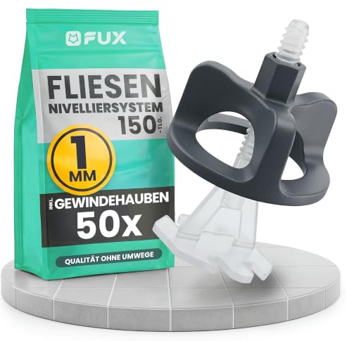 FUX Fliesen Nivelliersystem 1mm Set - 50 Zughauben + 100 Gewindelaschen | Set 1mm Komplett, Fliesen verlegen wie ein Profi, Einfache Anwendung, Leichtes Entfernen plus Wiederverwendung