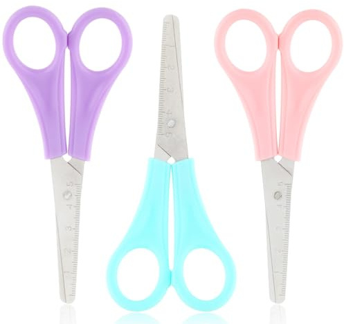 WLLHYF 3 Pack 5 Safety Scissors Tip Stainless Steel Comfort Soft Grip School Classroom Small Scissors Assorted Colors for Art Supplies Student Cutting Paper