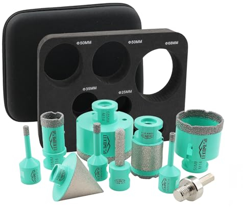 LEKOMESH Diamant Fliesenbohrer Set - 10pcs (6/6/8/25/50/68mm+10mm Diamant Fingerfräser+35mm Bohren Fräsen+50mm Fasenfräser+Adapter) Für Porzellan Keramik Fliesen Marmor Granit