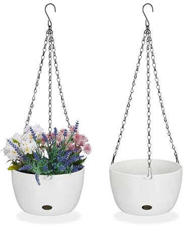 Relaxdays Pack 2 Macetas Colgantes con Depósito de Agua, 56x20,5 cm, Maceteros Interior y Exterior, Plástico, Blanco