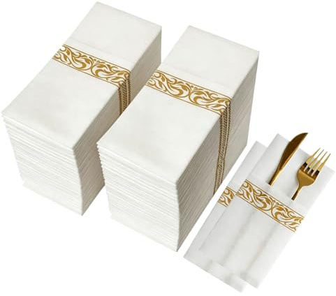 CHEERDO Disposable Dinner Napkins Pocket for Flatware Cloth Like Linen Feel Absorbent Paper Hand Parties Weddings Dinners or Events (Gold 100)
