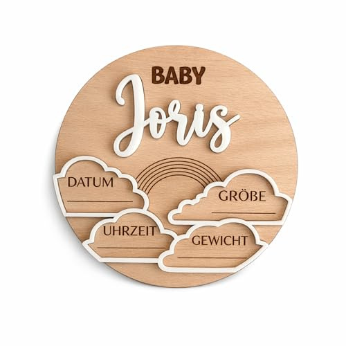 FranJohnsonHouse Personalisiertes Baby Geburtsschild Holz Rund mit Name und Geburtsdaten, Baby Ankündigung Schild, Namensschild mit Datum Uhrzeit Größe Gewicht, Geschenk zur Geburt (Design 1)