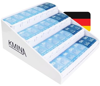 KMINA Tablettenbox 7 Tage 4 Fächer, Groß, Deutsch, Medikamentenbox | Morgens Mittags Abends Nachts, Pillendose, Tabletten Organizer, Druckknopf zum Öffnen, Patentiert