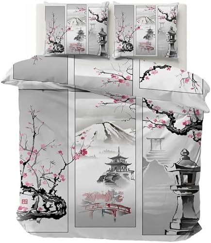 Boceoey Housse de Couette 90x190 Japonais Parure de Lit Enfant Réversible avec Fermeture Éclair, Housse Couette 1 Personne Imprimée Mont Fuji Fleur de Cerisier avec 2 Taie d'oreiller 65x65 cm…