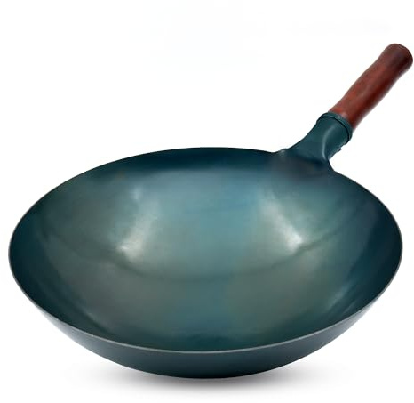 welsteepse Wok de acero al carbono tradicional martillado a mano, 14 pulgadas, parte inferior redonda (azul tostado)