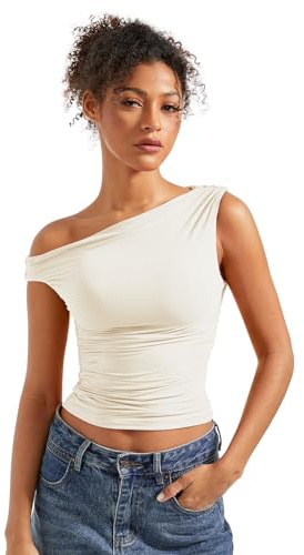SUUKSESS Women Off Shoulder Tops Sleeveless Shirts Y2K Trendy Vest Going Out Crop Tank Top White