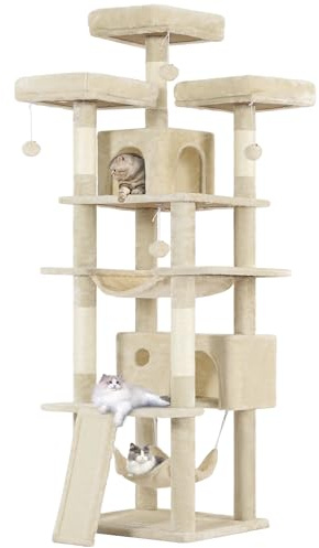 MSmask Arbre à Chat XXL Hauteur 194 cm, Centre d'activité Géant avec 3 Grandes Plate-Formes, 2 Niches Spacieuses, 2 Hamacs et 1 Planche à Gratter, Multi-Niveau avec Poteaux en Sisal, Beige
