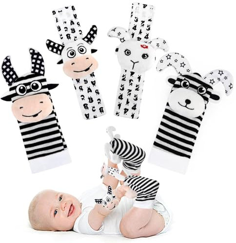 JoyPlus 4 Stück Handgelenk Rasselsocken und Fußfinder,Baby Rasseln Spielzeug Handgelenk und Socken mit Plüschtier Spiel,Baby Rasseln Spielzeug Geschenk für 0 6 12 Monate Neugeborene Mädchen und Jungen
