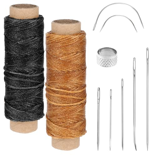 2 Rollen Ledergarn Schwarz Gewachst Faden mit Ledernadel Sattlernadel 50m/Rolle Nähgarn Braun Sattlergarn Wachsschnur für Lederhandwerk Buchbinden Reparatur Häkeln