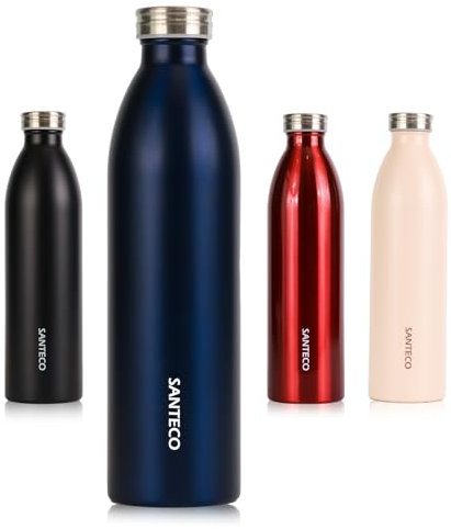 SANTECO Edelstahl Trinkflasche 1L, 100% dicht Thermosflasche 12 h heiß / 24 h kalt, absolut dicht für Schule, Büro, Sport, Outdoor