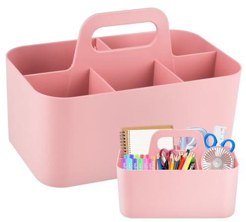 WuGU Korb Organizer mit Griff, Mehrzweck Kunststoffkorb mit 5 Fächer, Abnehmbare Reinigungskorb, Tragbarer Bastelkorb, Schreibtischkorb, Stapelbarer Aufbewahrung für Kunst, Make-up, Bürobedarf (Rosa)